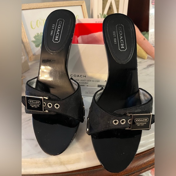 EUC COACH Juliet 12cm Black on Black wooden (clog) slide. Size 6 med. width - Picture 1 of 7